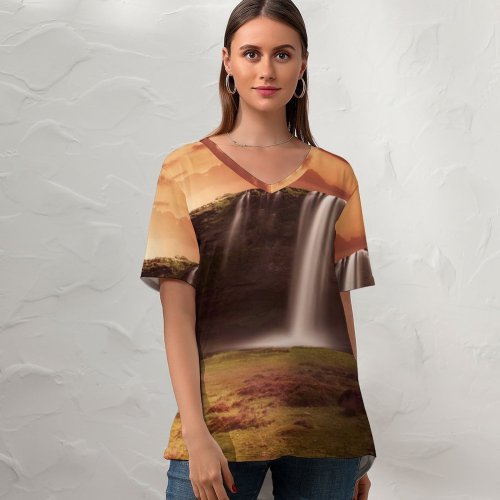 yanfind V Neck T-shirt for Women Dorothe Waterfalls Sunrise Sky Clouds Grass Landscape Rock Summer Top  Short Sleeve Casual Loose