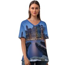 yanfind V Neck T-shirt for Women Manhattan York City City Lights Cityscape Blizzard Night Winter Summer Top  Short Sleeve Casual Loose