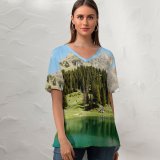 yanfind V Neck T-shirt for Women Gantrischseeli Lake Pine Trees Spring Reflection Mountain Peak Switzerland Summer Top  Short Sleeve Casual Loose