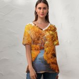 yanfind V Neck T-shirt for Women Artem Saranin Maple Trees Fall Autumn Path Woods Fall Foliage Summer Top  Short Sleeve Casual Loose