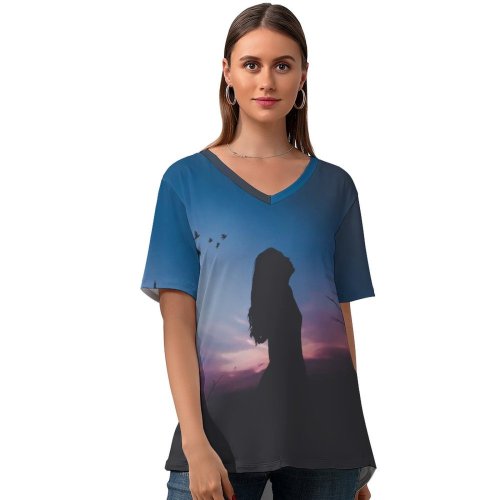yanfind V Neck T-shirt for Women Luizclas Girl Silhouette Twilight Sunset Dusk Evening Sky Summer Top  Short Sleeve Casual Loose