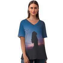 yanfind V Neck T-shirt for Women Luizclas Girl Silhouette Twilight Sunset Dusk Evening Sky Summer Top  Short Sleeve Casual Loose