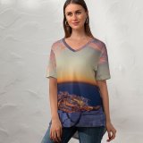 yanfind V Neck T-shirt for Women Crevisio Monaco City Sunrise Horizon Rocks Clear Sky Clouds Dusk Cityscape City Summer Top  Short Sleeve Casual Loose