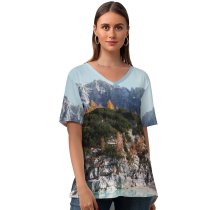 yanfind V Neck T-shirt for Women Luca Bravo Sorapiss Mountains Dolomites Rocks Trees Italy Summer Top  Short Sleeve Casual Loose