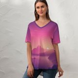 yanfind V Neck T-shirt for Women Coyle Lakeside Sky Sunset Minimal Art Gradient Landscape Scenic Panorama Summer Top  Short Sleeve Casual Loose