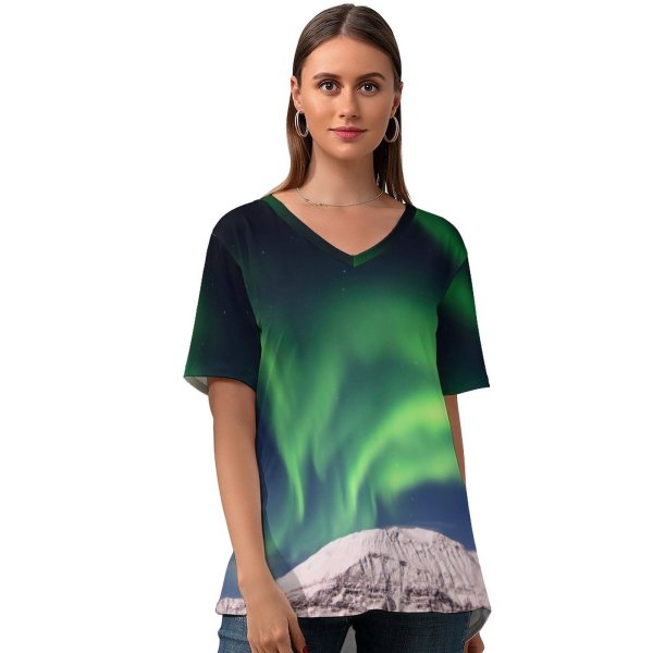 yanfind V Neck T-shirt for Women Aurora Borealis Northern Lights Mountains Snow Covered Landscape Astronomy Stars Night Sky Summer Top  Short Sleeve Casual Loose