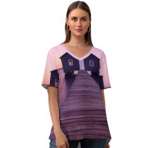 yanfind V Neck T-shirt for Women Destin Boathouse Sunrise River Morning Seascape Purple Wooden Pier Deck Winter Summer Top  Short Sleeve Casual Loose