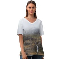 yanfind V Neck T-shirt for Women Autumn Public Grass Wallpapers Lake Mountain Rock Snowdon Caernarfon Waterfall Pictures Summer Top  Short Sleeve Casual Loose