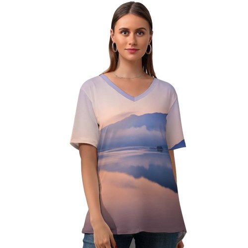 yanfind V Neck T-shirt for Women Mountain Sunrise Foggy Lake Reflection Dawn Summer Top  Short Sleeve Casual Loose