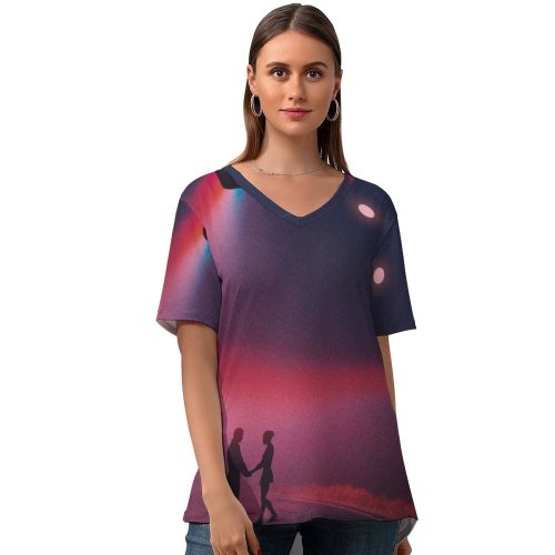 yanfind V Neck T-shirt for Women Love Couple Silhouette Traffic Lights Night Romantic Focus Spectrum Moon Road Summer Top  Short Sleeve Casual Loose