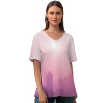 yanfind V Neck T-shirt for Women Meiying Ng Cityscape Urban Foggy Sunrise Skyscrapers Summer Top  Short Sleeve Casual Loose