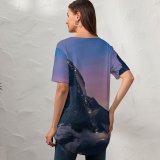 yanfind V Neck T-shirt for Women Matterhorn Mountain Dusk Peak Sunrise Switzerland Summer Top  Short Sleeve Casual Loose