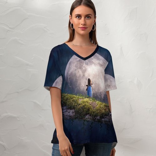 yanfind V Neck T-shirt for Women Thiago Garcia Fantasy Cute Girl Adorable Moon Surreal Alone Summer Top  Short Sleeve Casual Loose