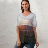 yanfind V Neck T-shirt for Women Building Sun Landscape Aerial Quiet Wallpapers Architecture Outdoors Scenery Slope Relax Summer Top  Short Sleeve Casual Loose