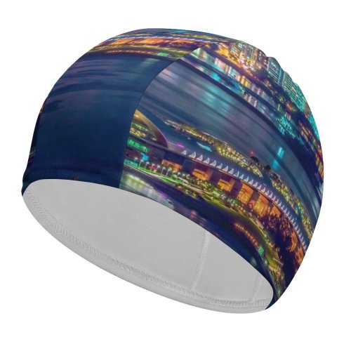 yanfind Swimming Cap Daniam Chou Hong Kong City Cityscape Nightlife Skyscrapers Waterfront Reflections River Nighttime Elastic,suitable for long and short hair