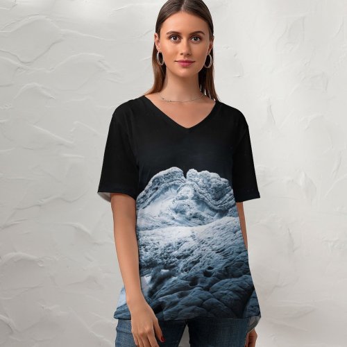 yanfind V Neck T-shirt for Women MacOS Big Sur Winter Sedimentary Rocks Night Starry Sky IOS Summer Top  Short Sleeve Casual Loose
