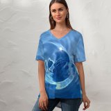 yanfind V Neck T-shirt for Women Wave Resources Electric Cobalt Sky Vortex Liquid Summer Top  Short Sleeve Casual Loose