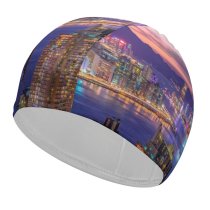 yanfind Swimming Cap Daniam Chou City Night  Cityscape Hong Kong Skyscrapers Purple Sky River Elastic,suitable for long and short hair