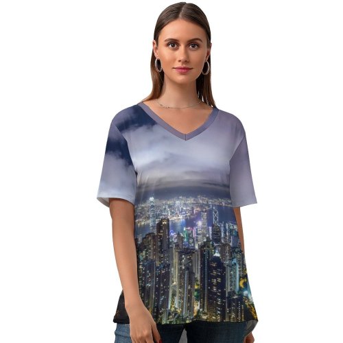 yanfind V Neck T-shirt for Women Denys Nevozhai Hong Kong City River Night Time Skyscrapers Clouds Cityscape Summer Top  Short Sleeve Casual Loose