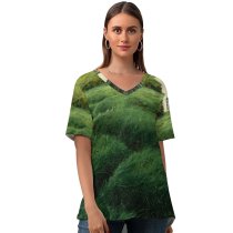 yanfind V Neck T-shirt for Women Iceland Grassland Traveller Grass Wallpapers Plant Meadow Travel Outdoors Tree Mound Summer Top  Short Sleeve Casual Loose