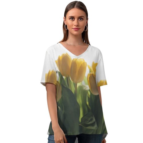 yanfind V Neck T-shirt for Women Arrangement Wallpapers Plant Bouquet Floral Blossom Flower Tulips Pictures Spring Tulip Summer Top  Short Sleeve Casual Loose