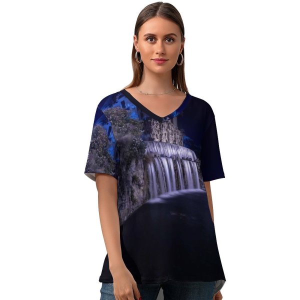 yanfind V Neck T-shirt for Women Black Dark Cascade Gairaut Gairaut Waterfall Historical Landmark Night Nice France Summer Top  Short Sleeve Casual Loose