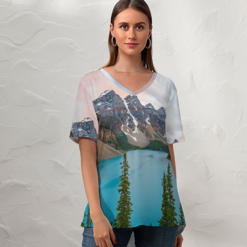 yanfind V Neck T-shirt for Women Johny Goerend Snow Mountains Glacier Valley River Landscape Trees Scenic Summer Top  Short Sleeve Casual Loose