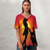 yanfind V Neck T-shirt for Women Pete Linforth Love Couple Sunset Proposal Silhouette Romantic Lovers Together Summer Top  Short Sleeve Casual Loose