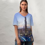 yanfind V Neck T-shirt for Women Les Corpographes Burj Khalifa Dubai Cityscape Skyscrapers Dusk Clearsky Sunset Aerial City Summer Top  Short Sleeve Casual Loose