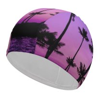 yanfind Swimming Cap Xevi Planas Purple Sunrise Clear Sky Palm Trees Scenery Backwaters Sky Elastic,suitable for long and short hair