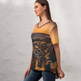 yanfind V Neck T-shirt for Women Monte Carlo Sunset Dawn Cityscape Harbor City Lights Night Dusk Monaco  Summer Top  Short Sleeve Casual Loose