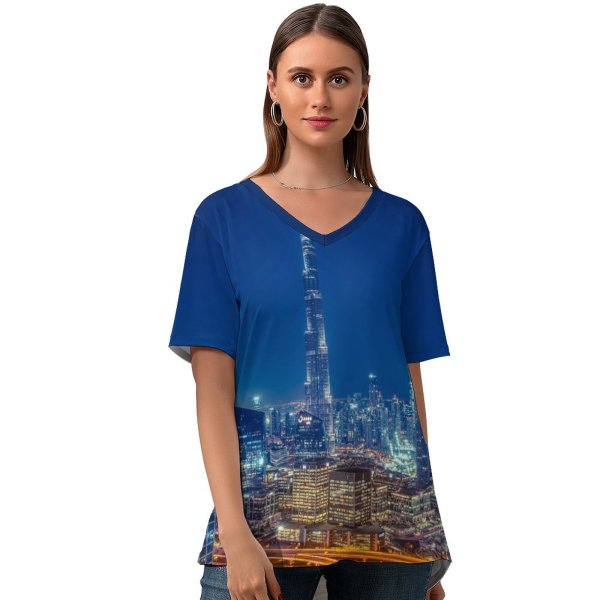yanfind V Neck T-shirt for Women Burj Khalifa Dubai Skyscraper Cityscape Modern Architecture Night City Lights Metropolitan Urban Summer Top  Short Sleeve Casual Loose