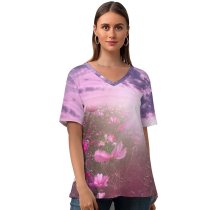 yanfind V Neck T-shirt for Women Flowers Flower Cosmos Sunrise Garden Sky Clouds Summer Top  Short Sleeve Casual Loose