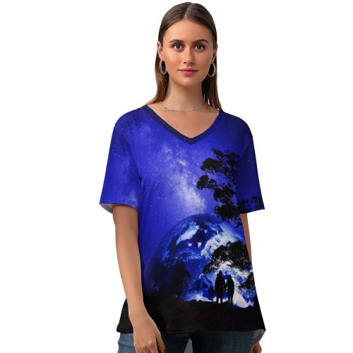 yanfind V Neck T-shirt for Women Fantasy Love Couple Dream Earth Night Silhouette Together Romantic Starry Sky Hot Summer Top  Short Sleeve Casual Loose