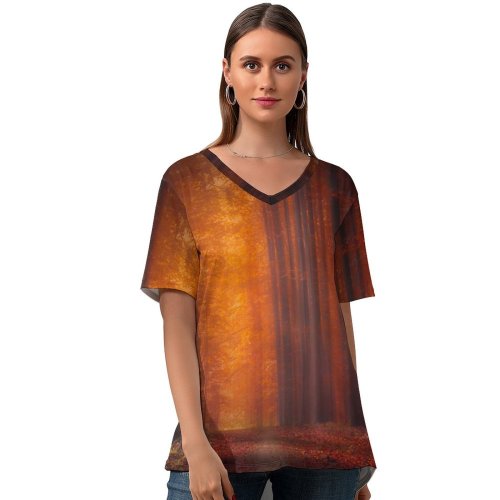 yanfind V Neck T-shirt for Women Hmetosche Autumn Forest Pathway Fallen Leaves Sunset Landscape Trees Woods Summer Top  Short Sleeve Casual Loose