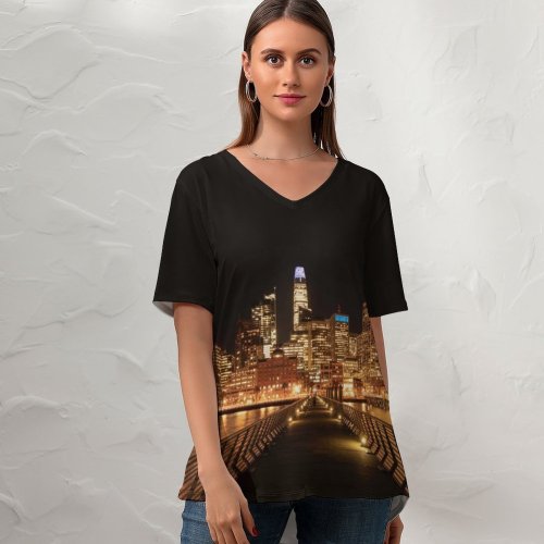 yanfind V Neck T-shirt for Women Black Dark San Francisco City Cityscape Night Time City Lights Skyscrapers Waterfront Summer Top  Short Sleeve Casual Loose