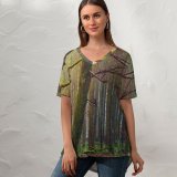 yanfind V Neck T-shirt for Women Johannes Plenio Forest Trees Fall Daytime Autumn Summer Top  Short Sleeve Casual Loose
