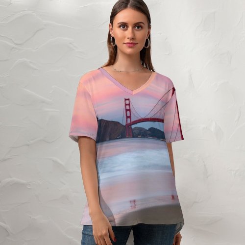 yanfind V Neck T-shirt for Women Destin Golden Gate Bridge Evening Coastline San Francisco Beach California Summer Top  Short Sleeve Casual Loose