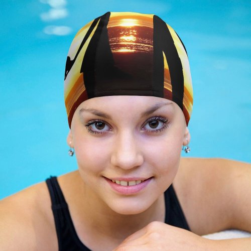 yanfind Swimming Cap Love Couple Beach Romantic Silhouette Sunset Seascape Together Elastic,suitable for long and short hair