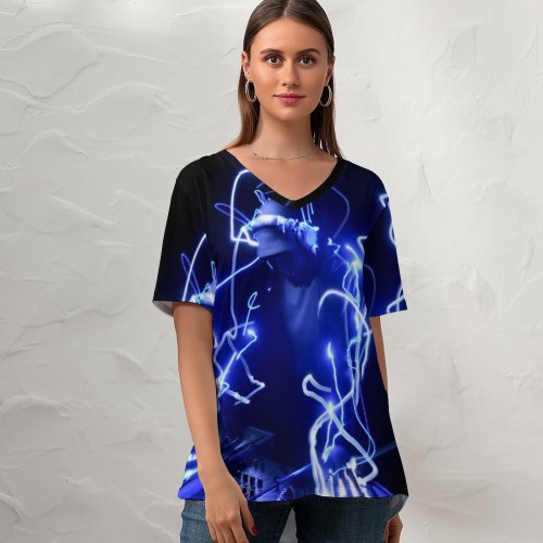yanfind V Neck T-shirt for Women Black Dark DJ Electronic Dark AMOLED Summer Top  Short Sleeve Casual Loose