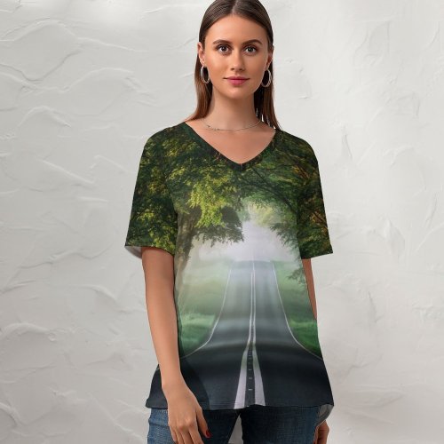 yanfind V Neck T-shirt for Women Andrew Campbell Forest Road Mist Avenue Trees Plants Spring Foggy Summer Top  Short Sleeve Casual Loose