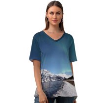 yanfind V Neck T-shirt for Women Lyngenfjord Norway Aurora Borealis Northern Lights Glacier Mountains Lake Reflection Night Sky Summer Top  Short Sleeve Casual Loose