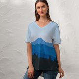 yanfind V Neck T-shirt for Women Kevin Jantzer Buttes Wilderness Mountain Range Silhouette Forest Landscape Clear Sky Trees Summer Top  Short Sleeve Casual Loose