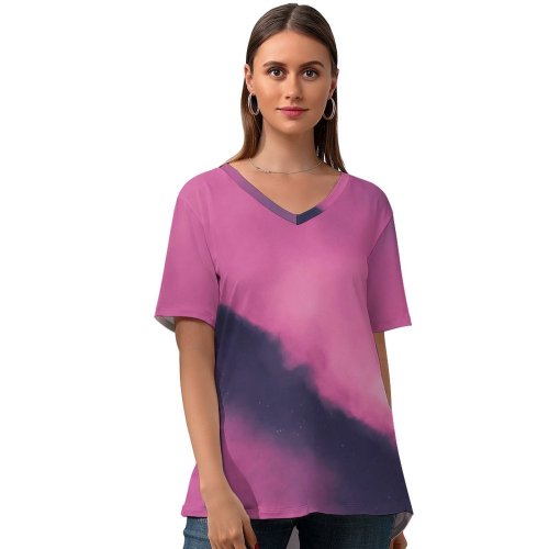 yanfind V Neck T-shirt for Women JV Buenconcejo Clouds Moon Sky Purple Stars Lunar Evening Summer Top  Short Sleeve Casual Loose