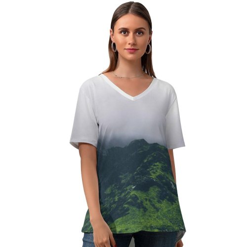 yanfind V Neck T-shirt for Women Fog Mist River Alps Grass Wallpapers Mountain Outdoors Crest Snowdon Cloudy Summer Top  Short Sleeve Casual Loose