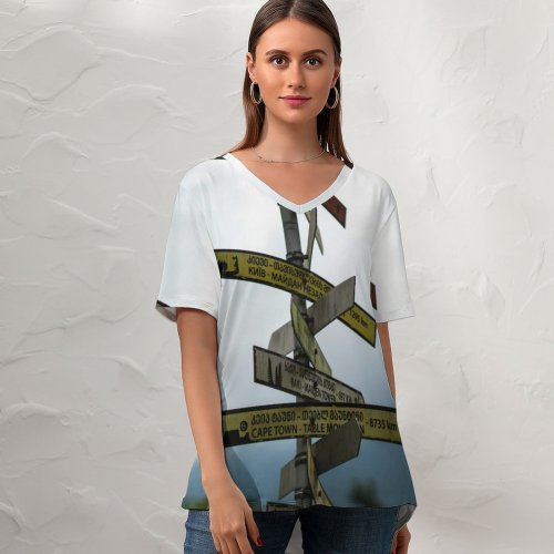 yanfind V Neck T-shirt for Women Blimp Flora Airship Sky Wallpapers Plant Tree Free Aircraft Road Winter Summer Top  Short Sleeve Casual Loose