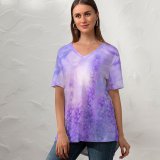 yanfind V Neck T-shirt for Women Sage Plant Violet Flowers Butterfly Garden Purple Summer Top  Short Sleeve Casual Loose