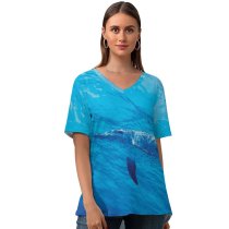 yanfind V Neck T-shirt for Women Dolphins Underwater Under Sea Aqua Summer Top  Short Sleeve Casual Loose