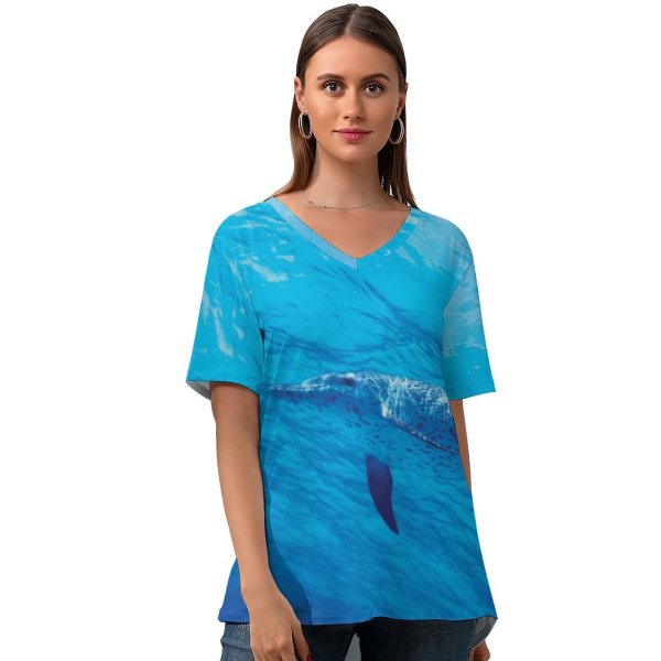 yanfind V Neck T-shirt for Women Dolphins Underwater Under Sea Aqua Summer Top  Short Sleeve Casual Loose