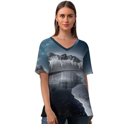yanfind V Neck T-shirt for Women Vestrahorn Mountain Stokksnes Beach Icelandic Coast Snow Covered Evening Dark Mountains Iceland Summer Top  Short Sleeve Casual Loose